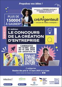 Affiche de campagne – concours CréArgenteuil – mise en avant d’un parcours entrepreneurial local, janvier 2025. Landry Rouland, rédacteur et communicant
