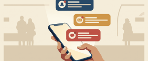 Illustration éditoriale d'un smartphone tenu en main, trois notifications colorées s'échappant de l'écran, symbolisant les paroles multiples reçues par un agent territorial sur les plateformes numériques.